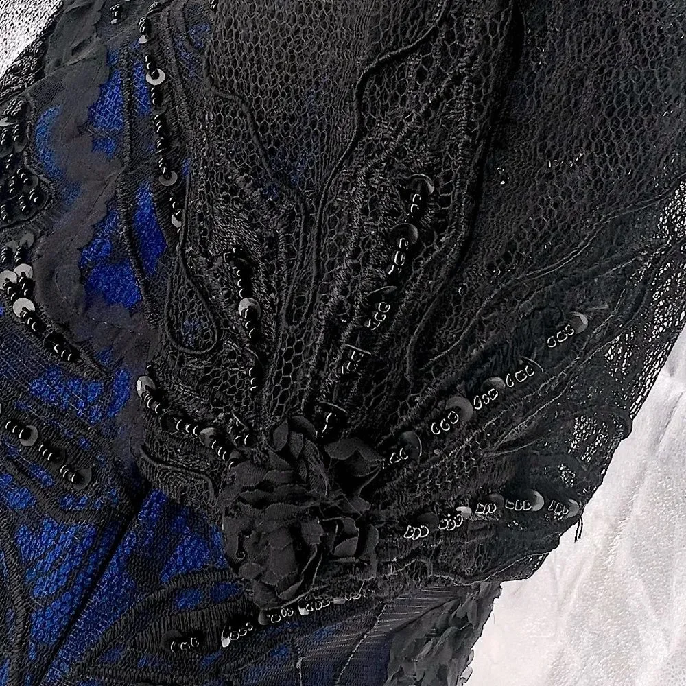 Sue Wong 3/4 SLEEVE V-NECK BEADED ROYAL BLUE & BLACK LACE COCKTAIL DRESS SIZE 4 - Picture 7 of 15